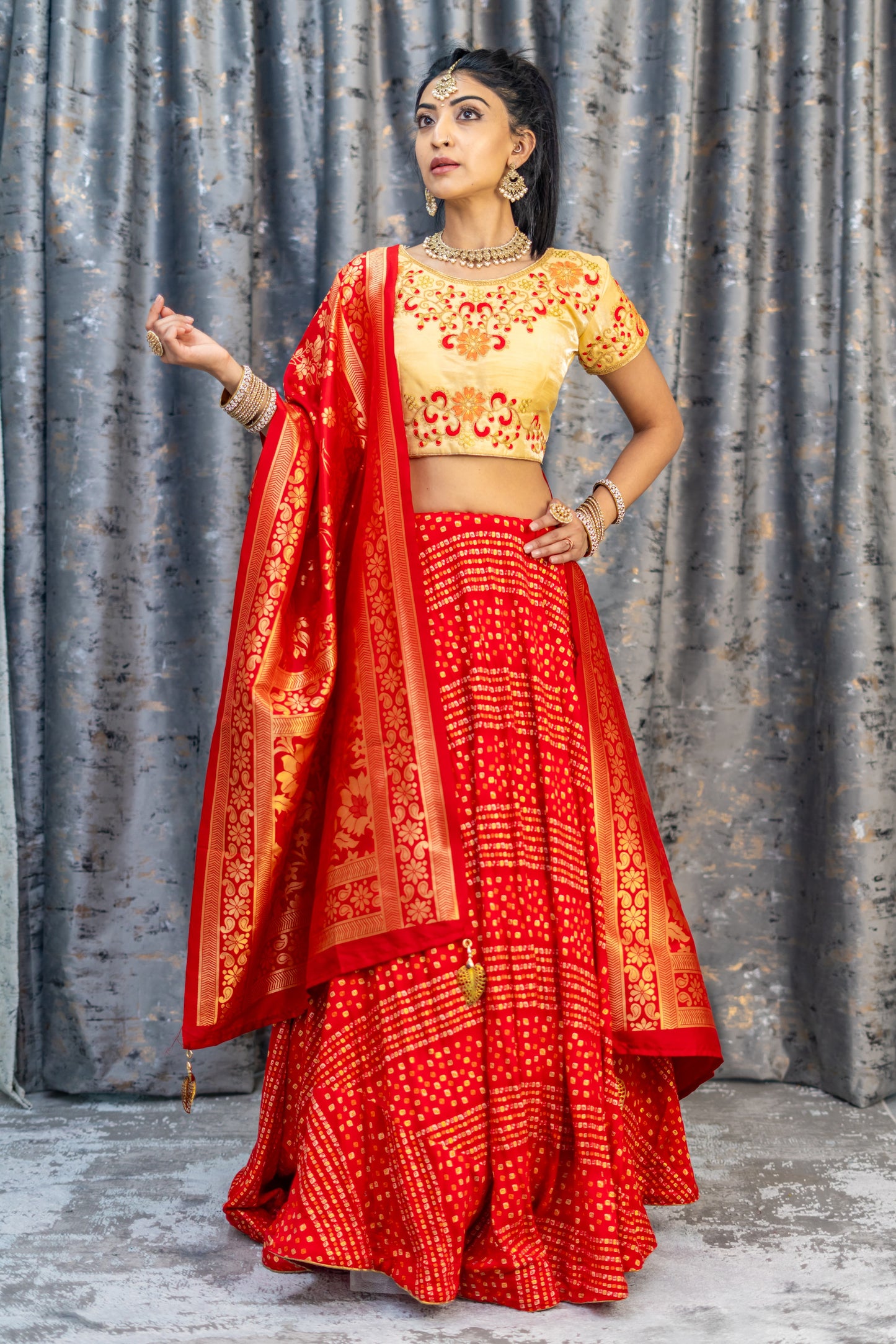 Red Chiffon Bandhani Print Lehenga Set