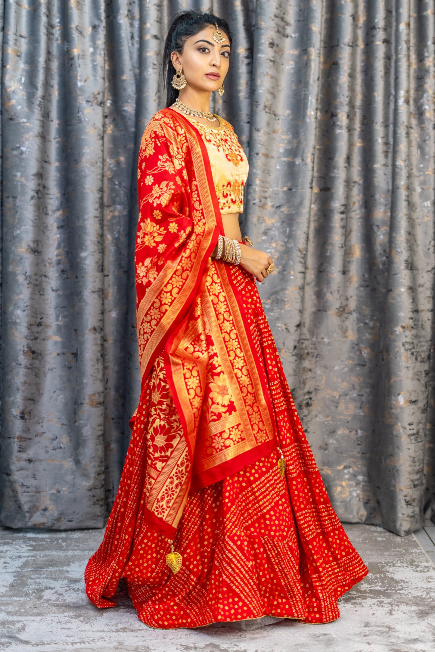 Red Chiffon Bandhani Print Lehenga Set