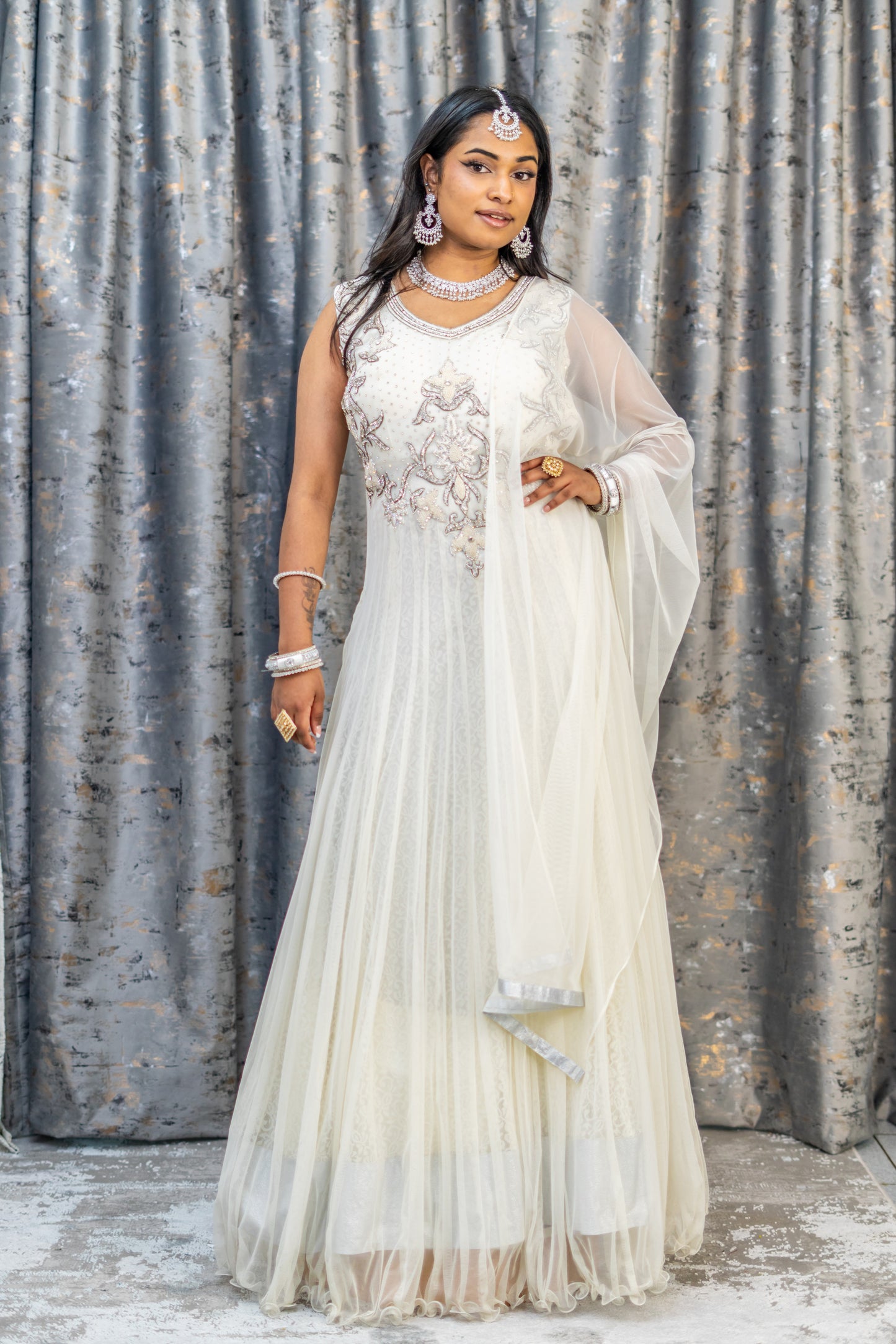 White Net Punjabi with Silver Swarovski Stone Work