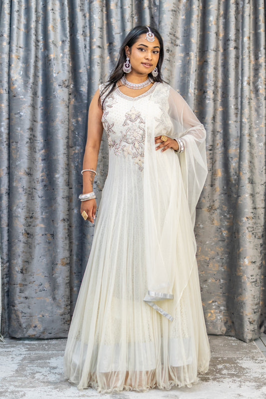 White Net Punjabi with Silver Swarovski Stone Work