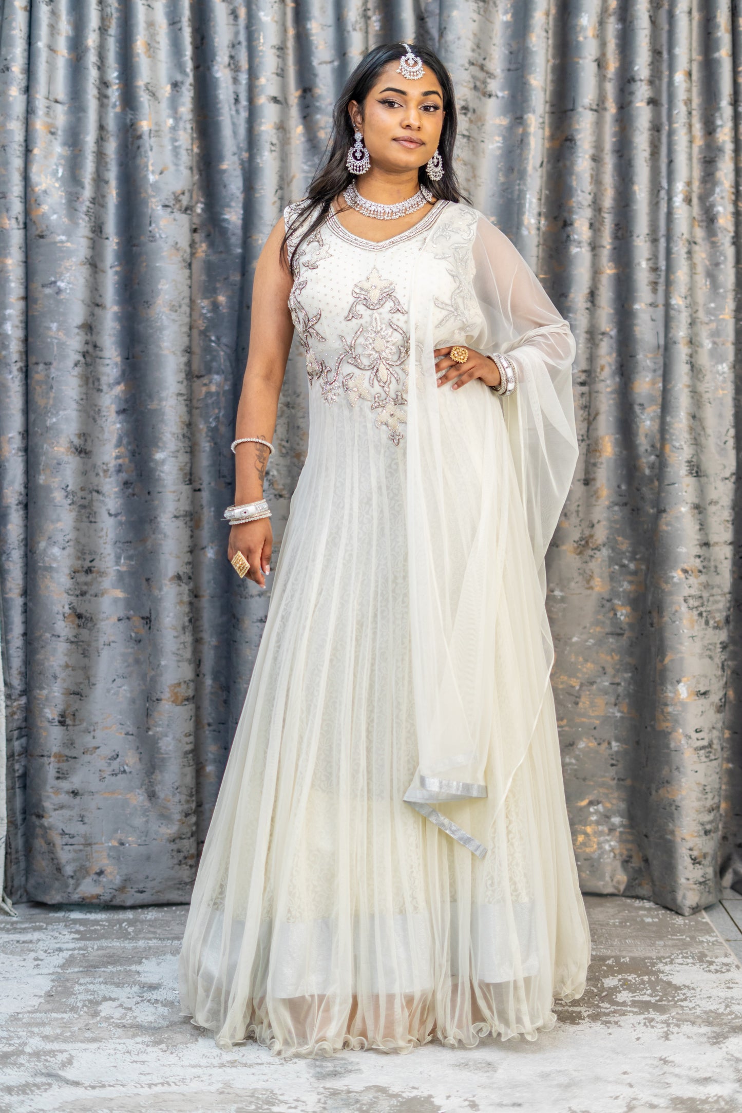 White Net Punjabi with Silver Swarovski Stone Work