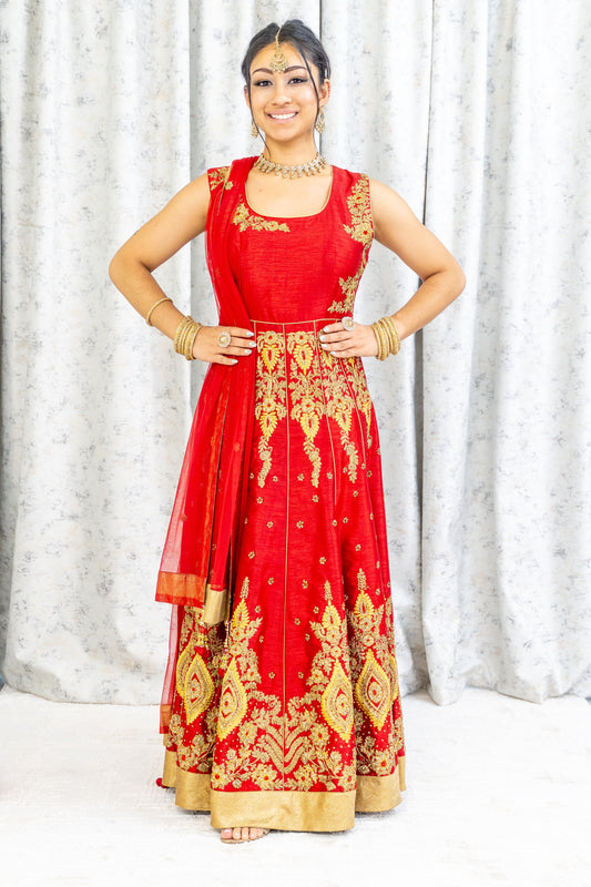 Red Raw Silk Anarkali Set with Swarovski Stone Work