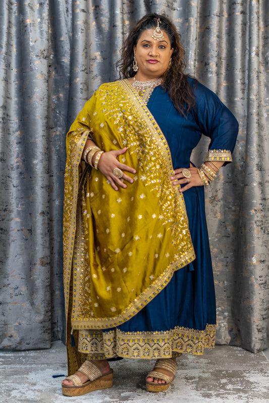 Navy Blue Punjabi Set with Contrast Green Dupatta
