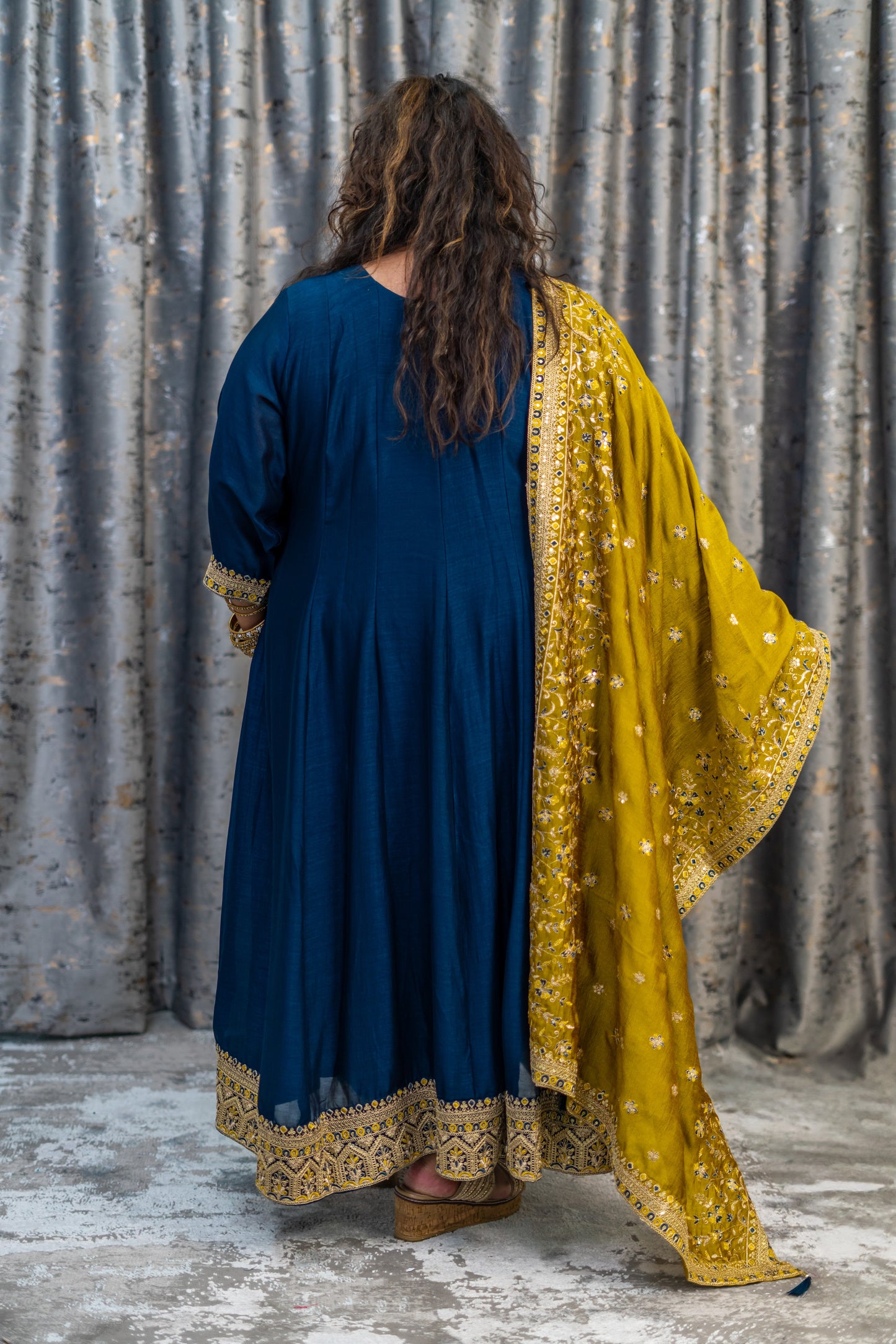 Navy Blue Punjabi Set with Contrast Green Dupatta