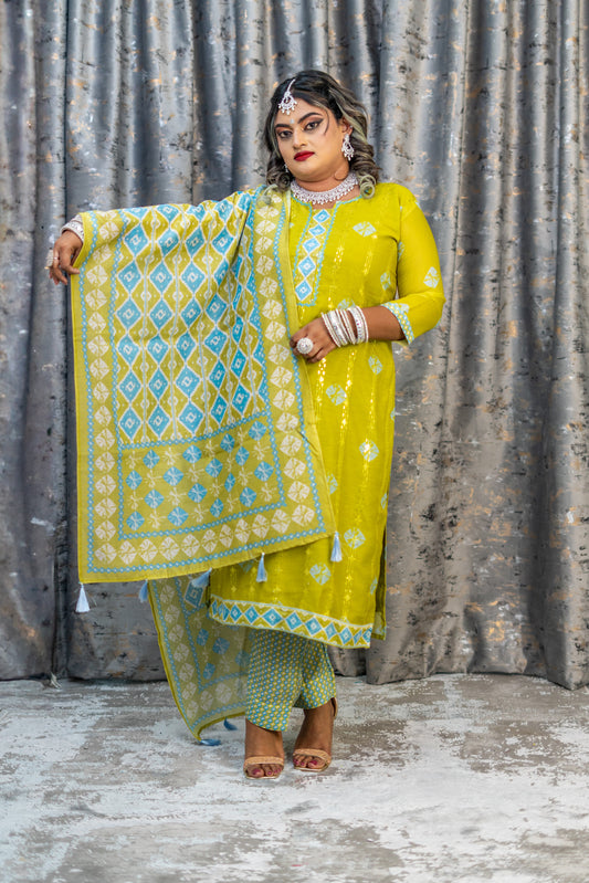 Green Printed Cotton Punjabi Set