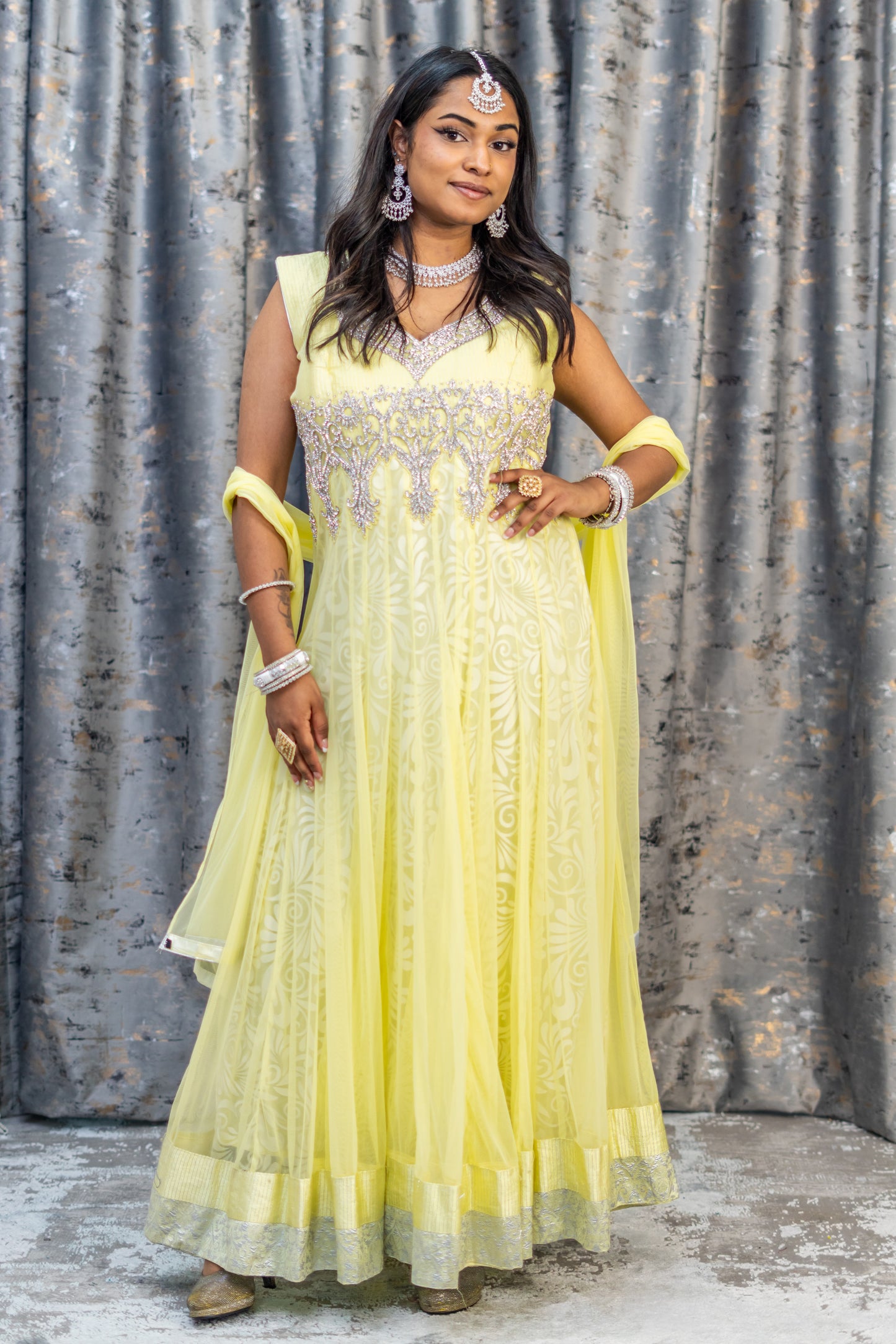 Yellow Net Punjabi Set with Swarovski Stone Work