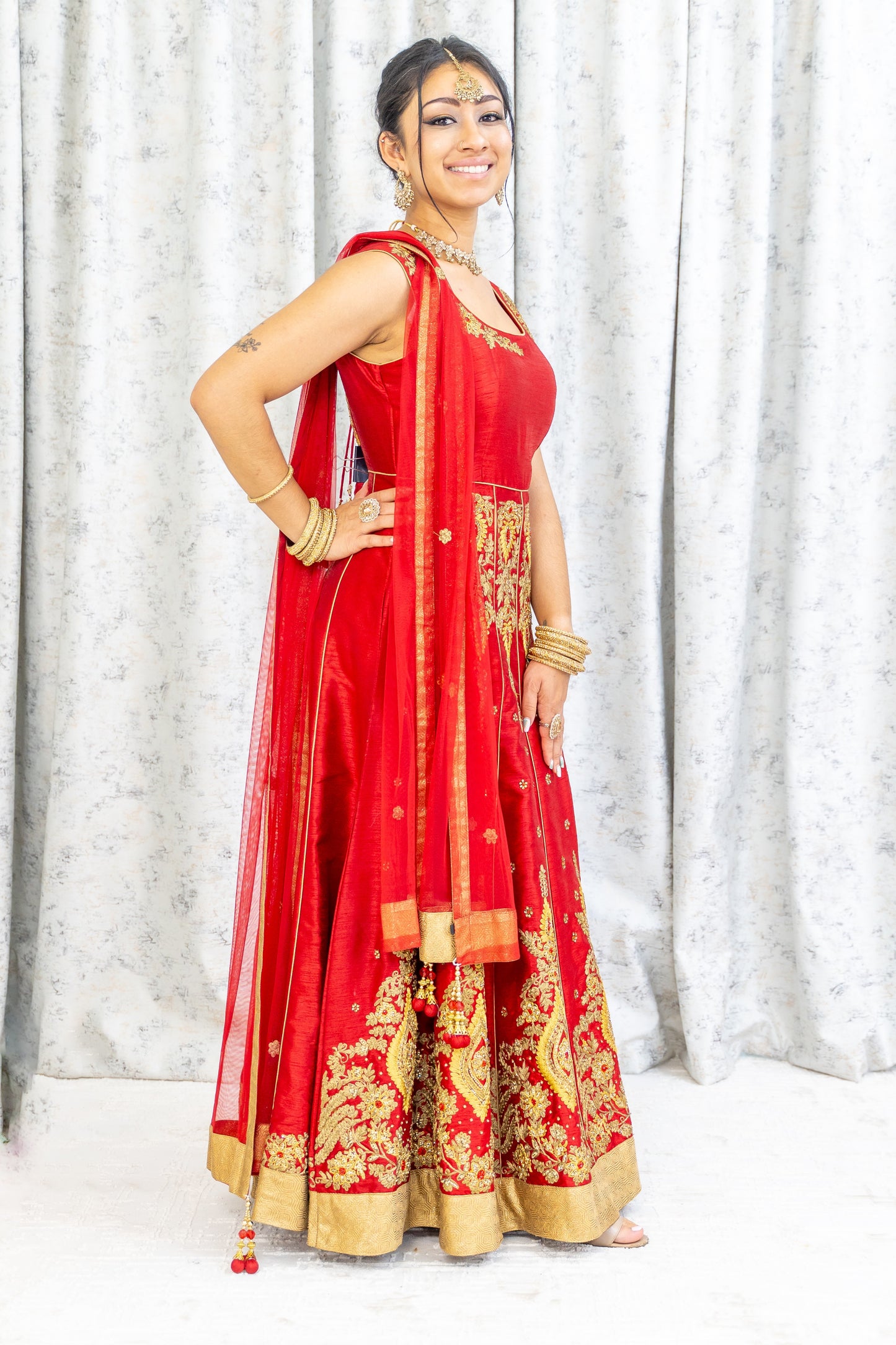 Red Raw Silk Anarkali Set with Swarovski Stone Work