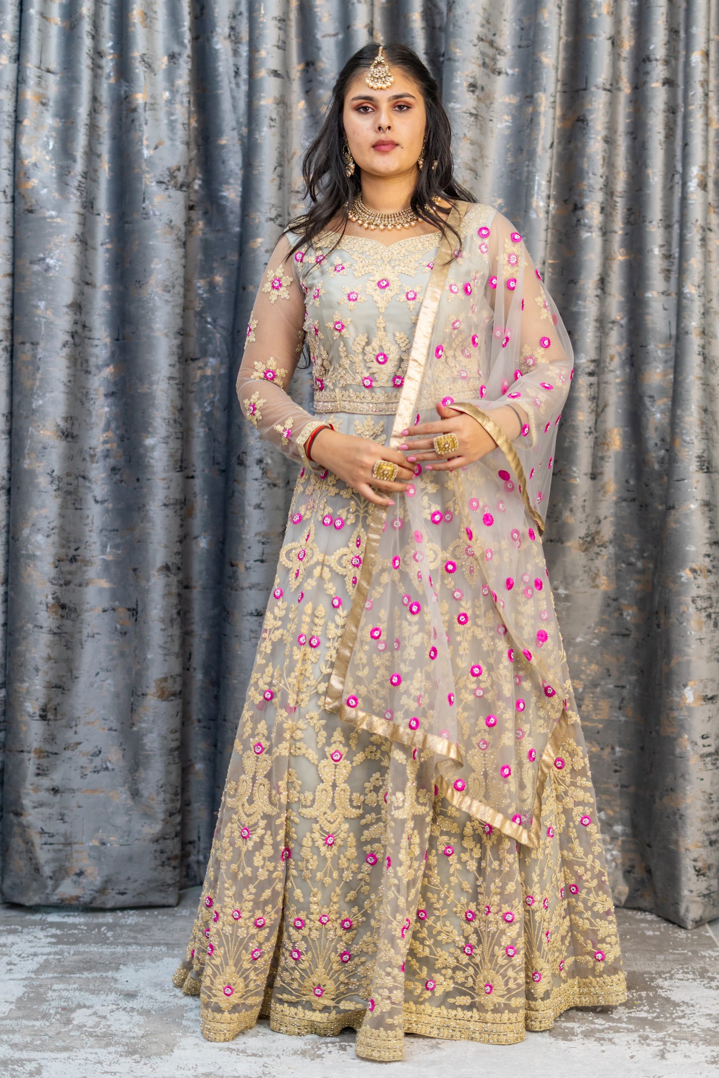 Grey Net Punjabi Set with Floral Embroidery