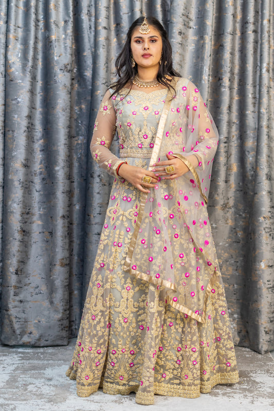 Grey Net Punjabi Set with Floral Embroidery