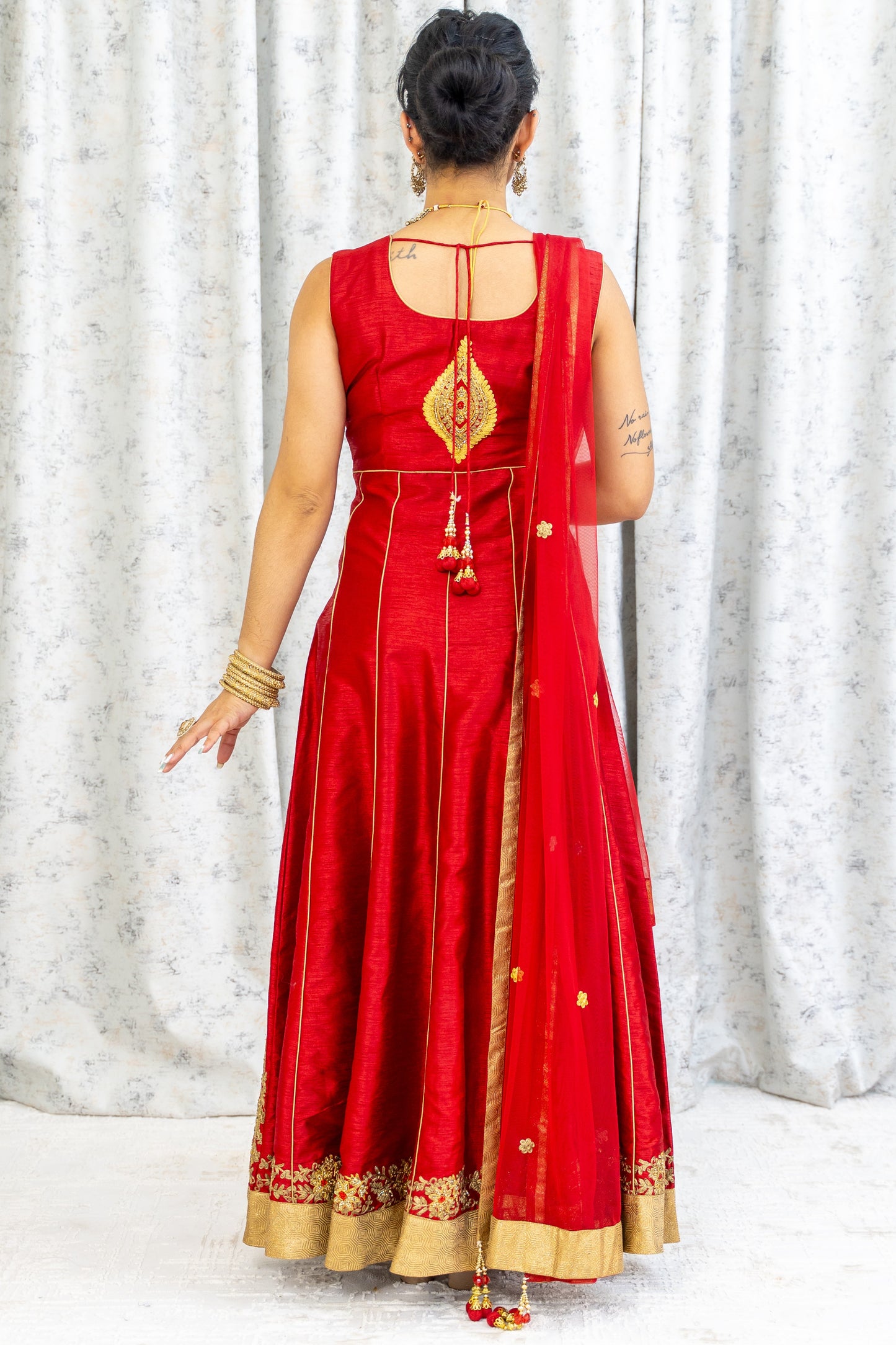 Red Raw Silk Anarkali Set with Swarovski Stone Work