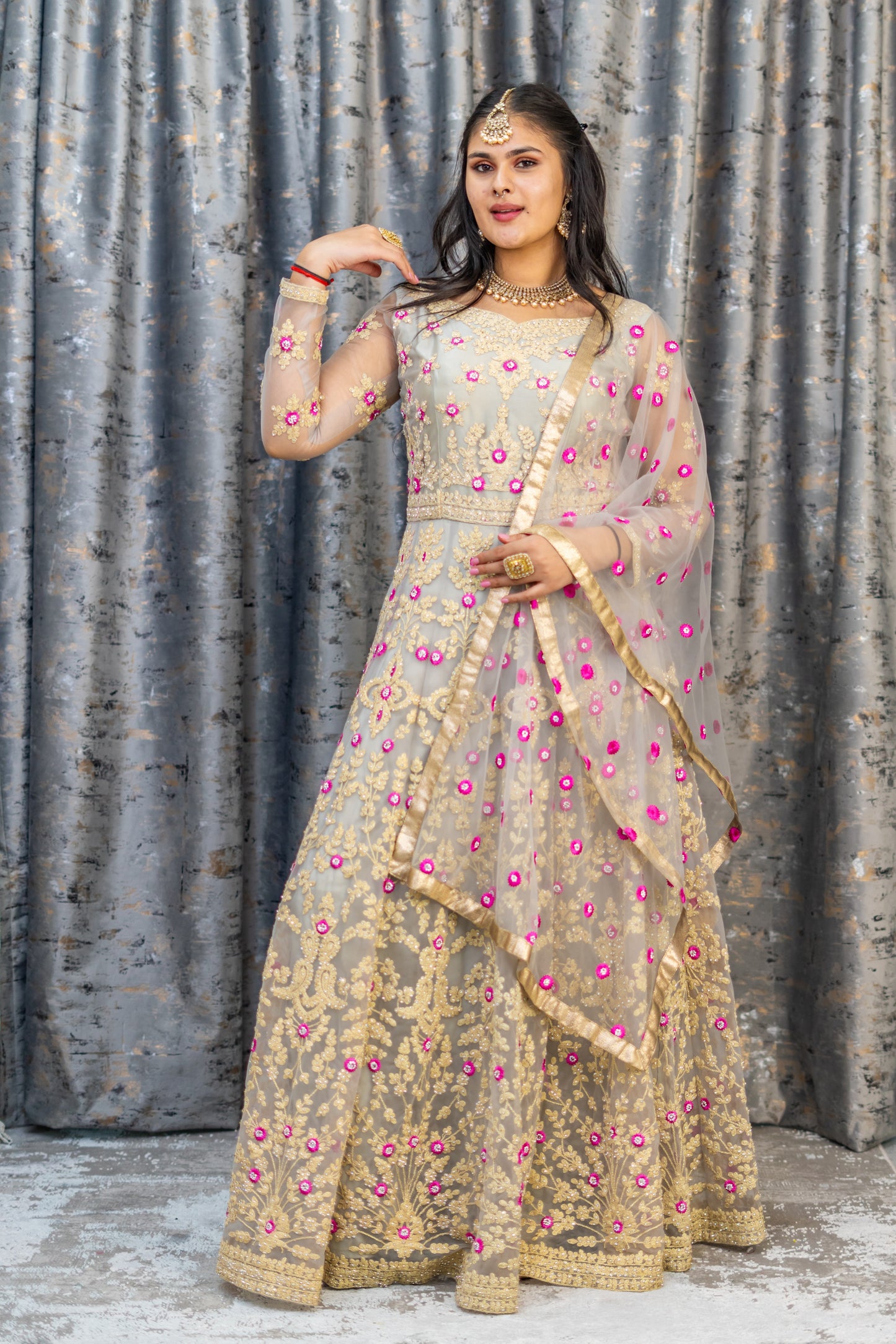 Grey Net Punjabi Set with Floral Embroidery