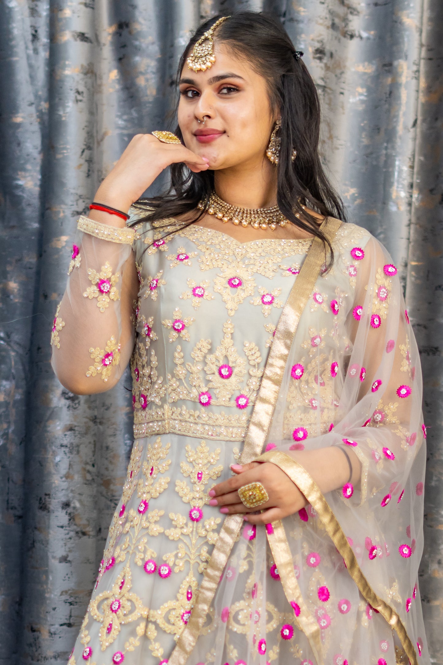 Grey Net Punjabi Set with Floral Embroidery