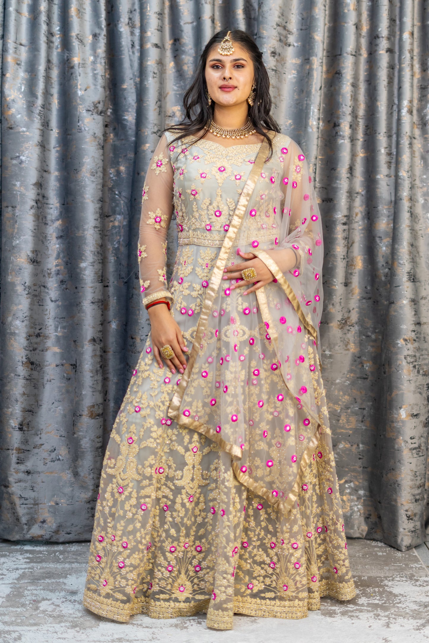 Grey Net Punjabi Set with Floral Embroidery