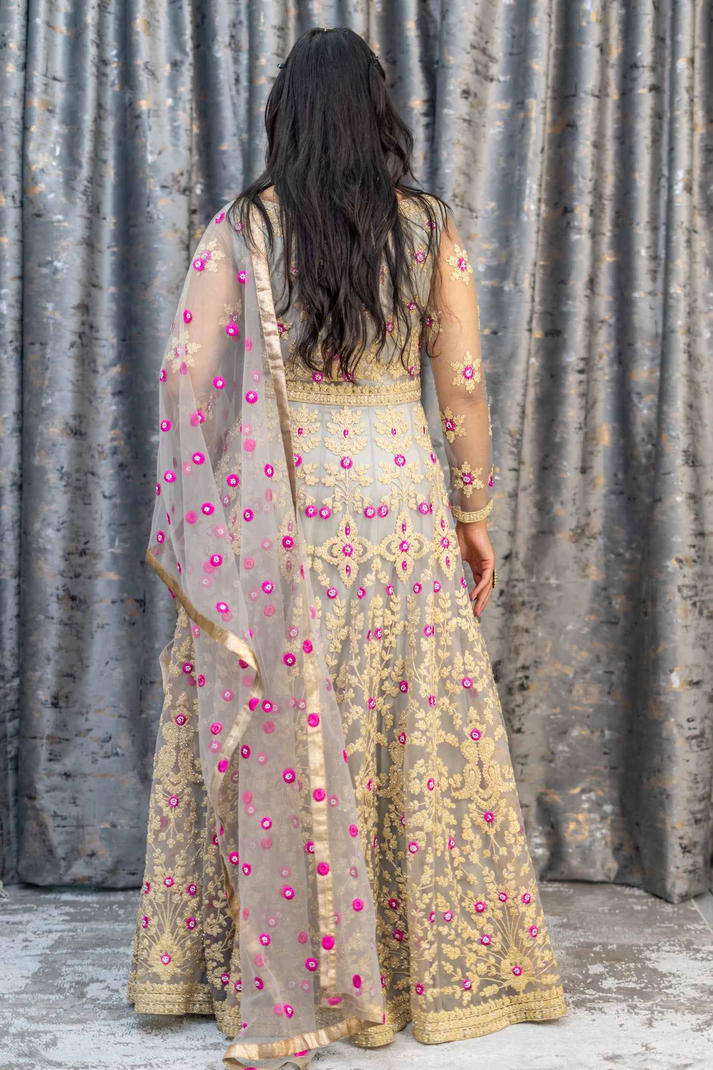 Grey Net Punjabi Set with Floral Embroidery