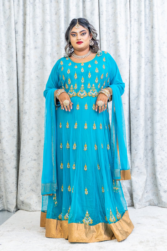 Teal Blue Net Punjabi Set with Swarovski Stone Work