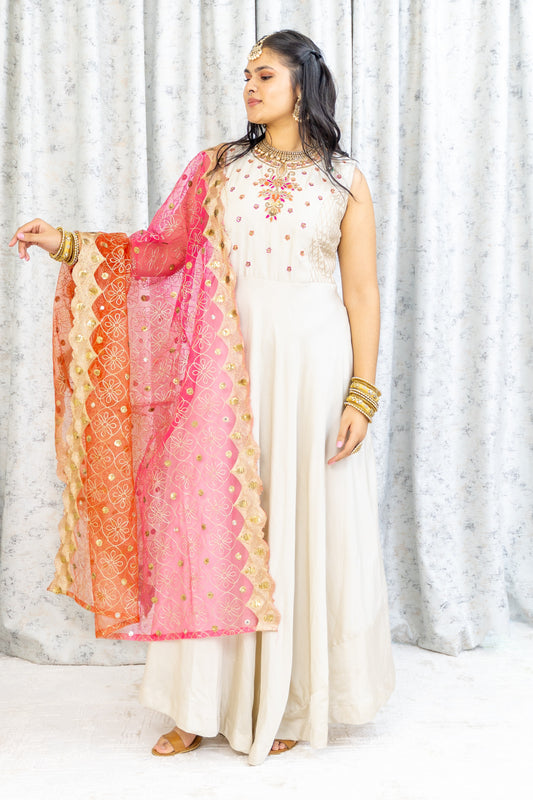 Cream Cotton Anarkali Set with Embroidery