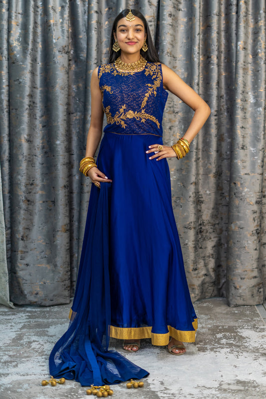 Royal Blue Chinon Silk Punjabi Set with Swarovski Stonework