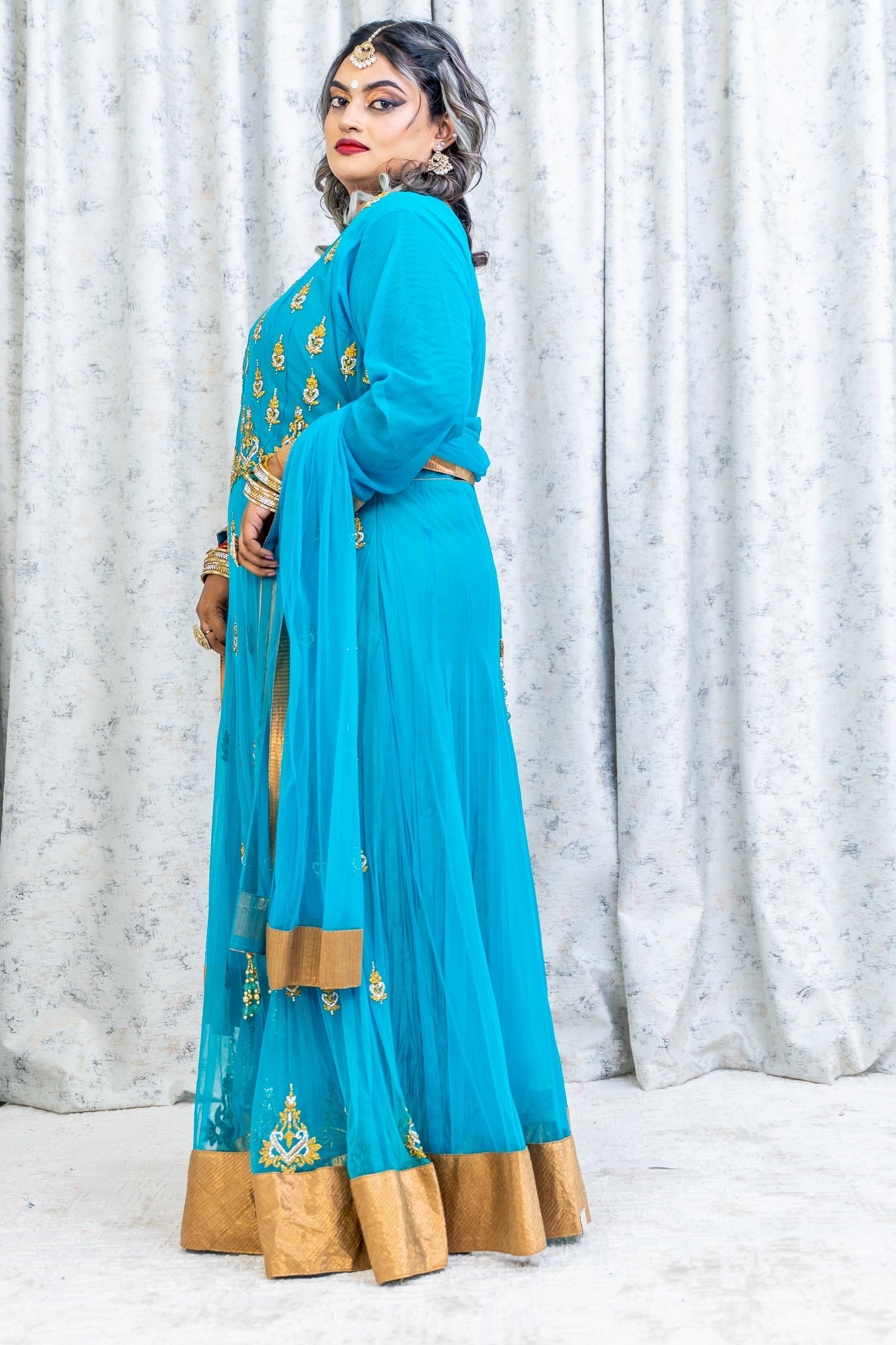 Teal Blue Net Punjabi Set with Swarovski Stone Work