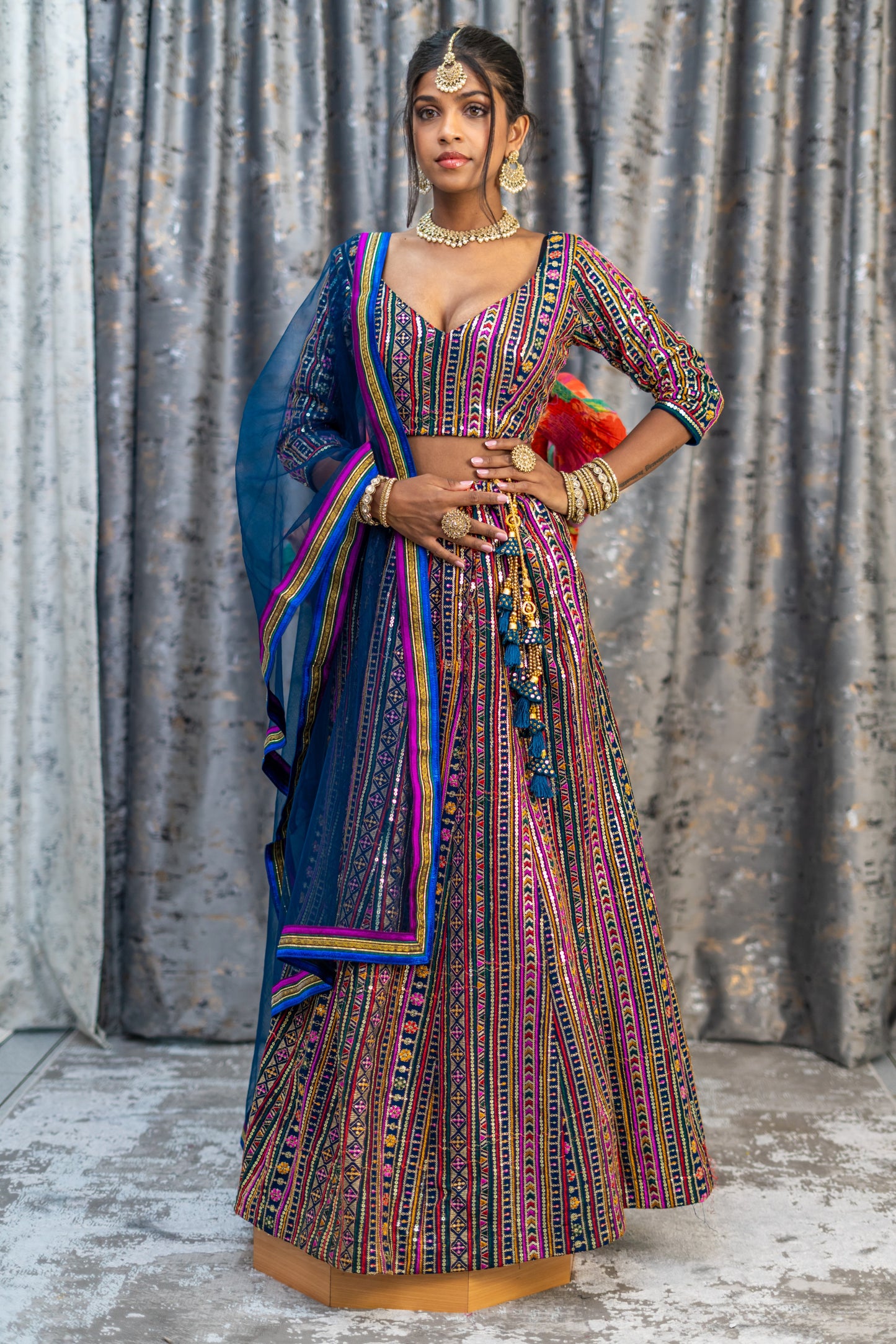 Navy Colourful Cotton Lehenga Set with Embroidery