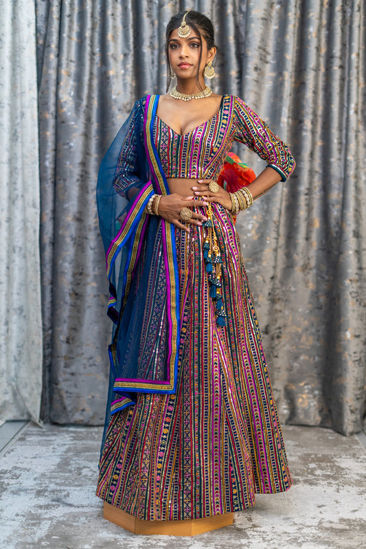 Navy Colourful Cotton Lehenga Set with Embroidery