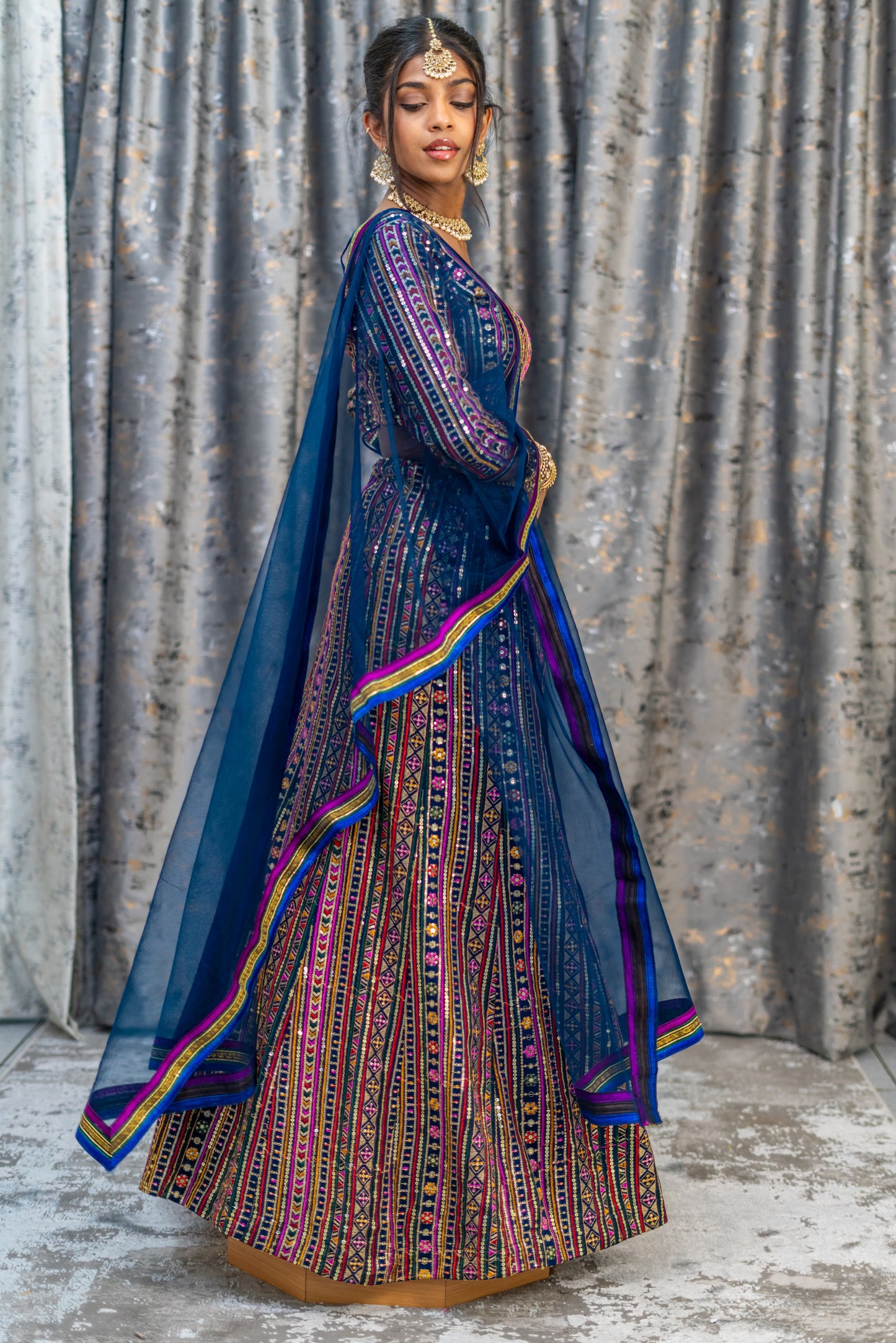 Navy Colourful Cotton Lehenga Set with Embroidery
