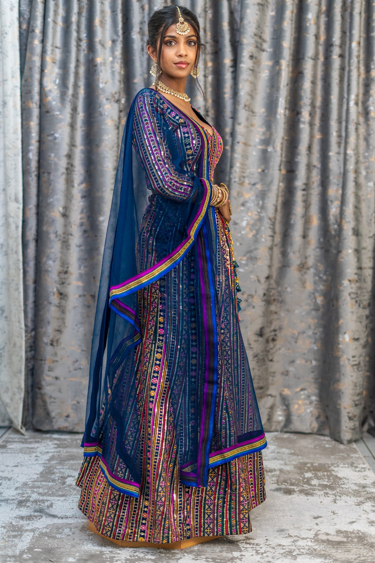 Navy Colourful Cotton Lehenga Set with Embroidery