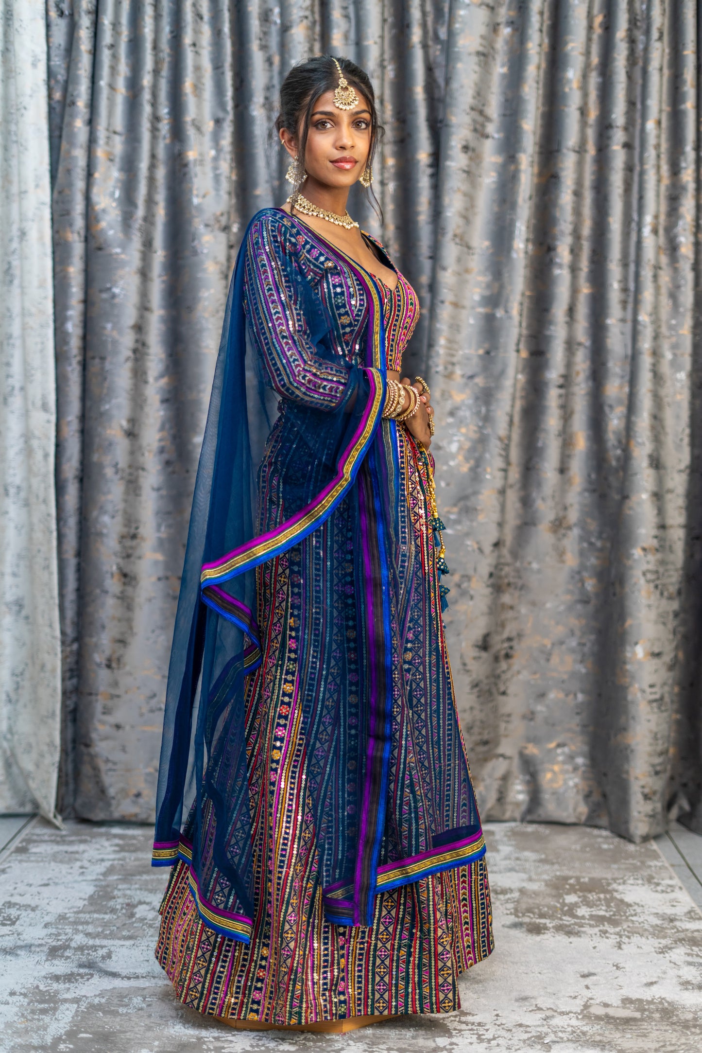 Navy Colourful Cotton Lehenga Set with Embroidery