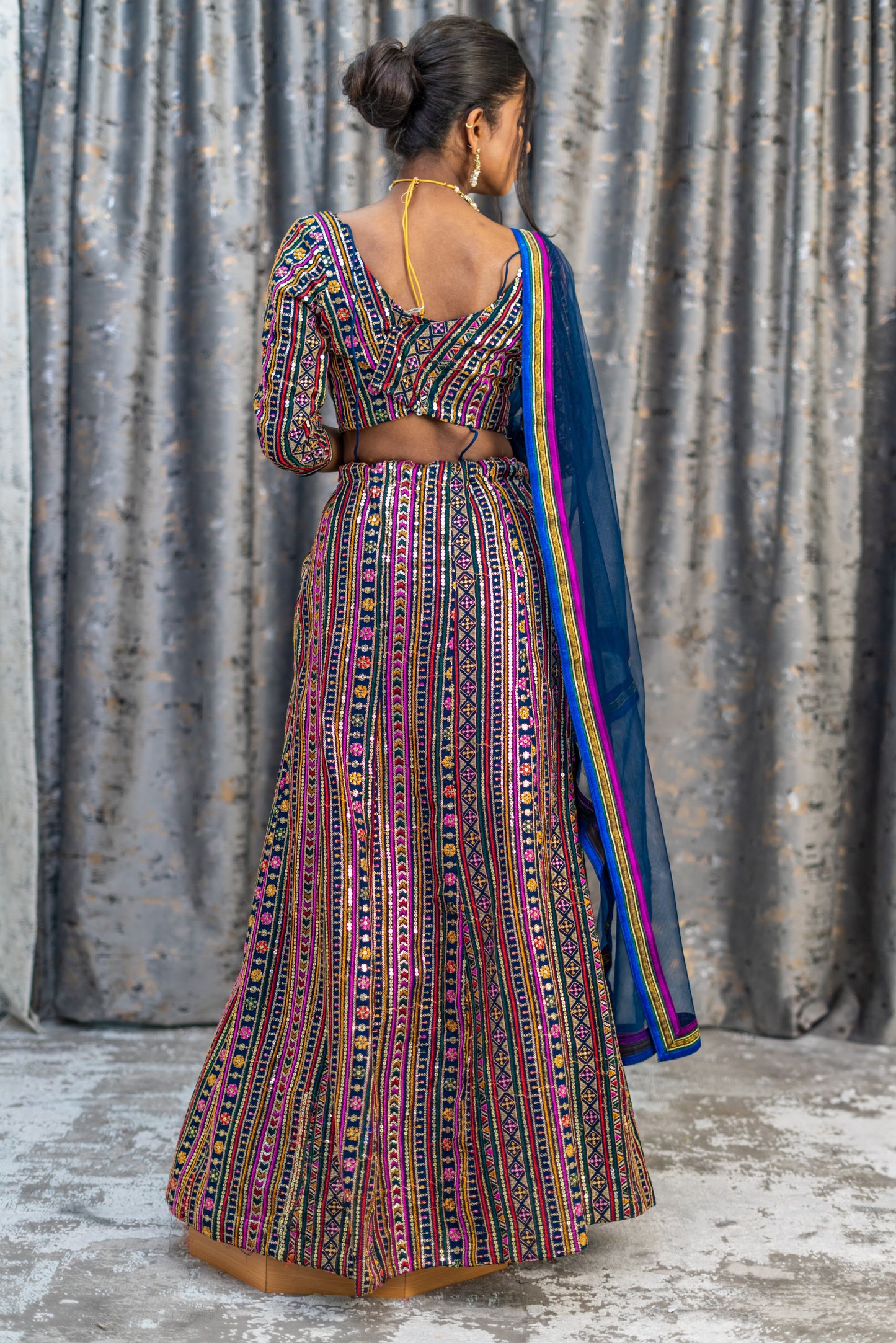 Navy Colourful Cotton Lehenga Set with Embroidery