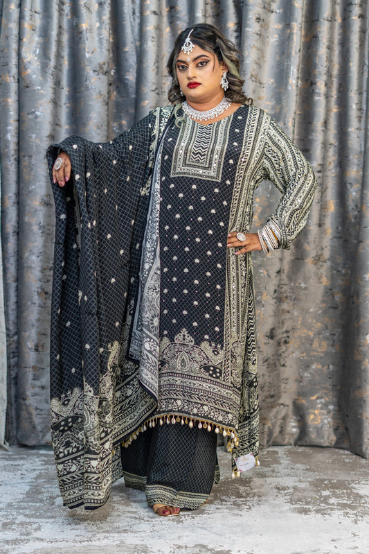 Black Printed Chinon Silk Punjabi Set