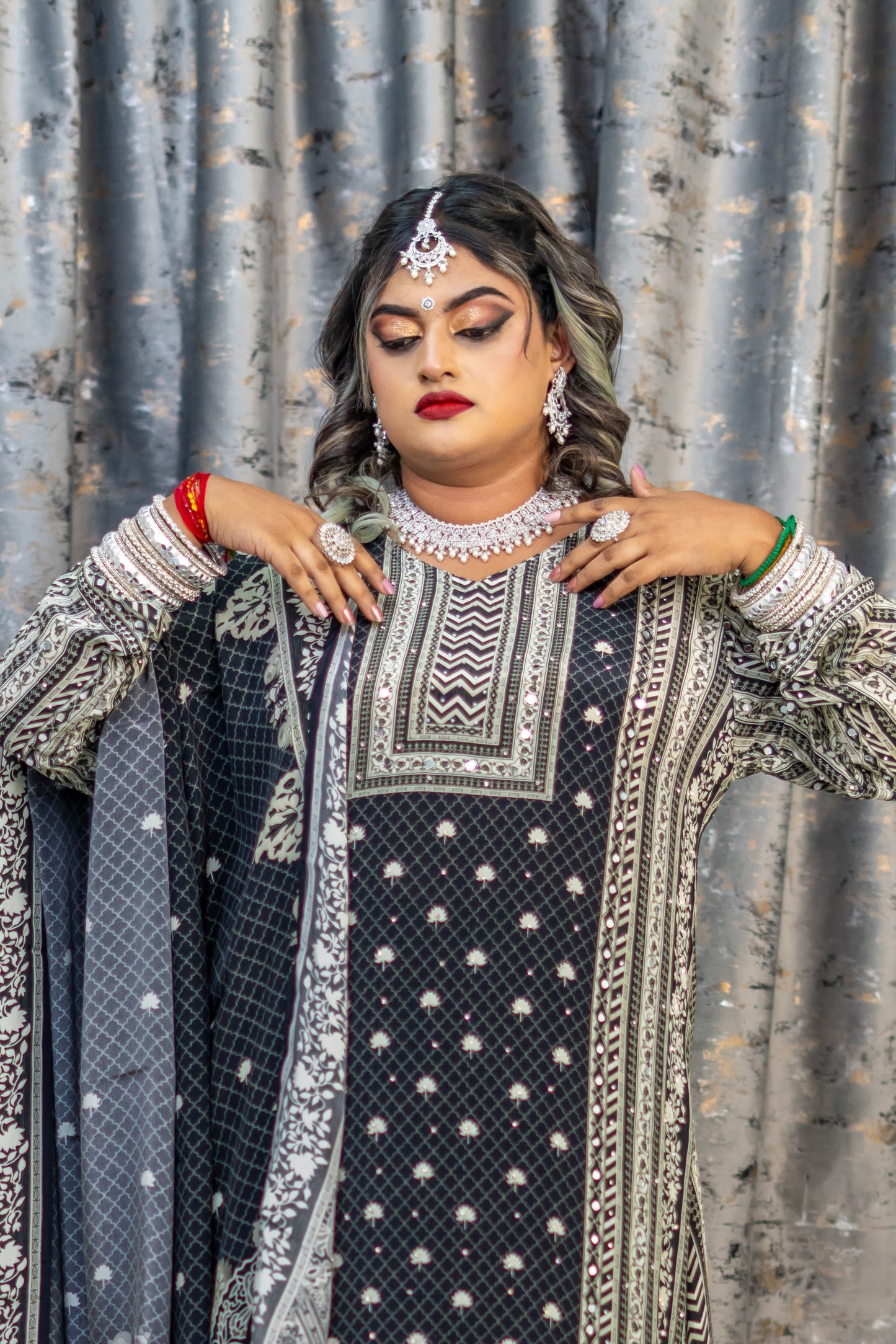 Black Printed Chinon Silk Punjabi Set