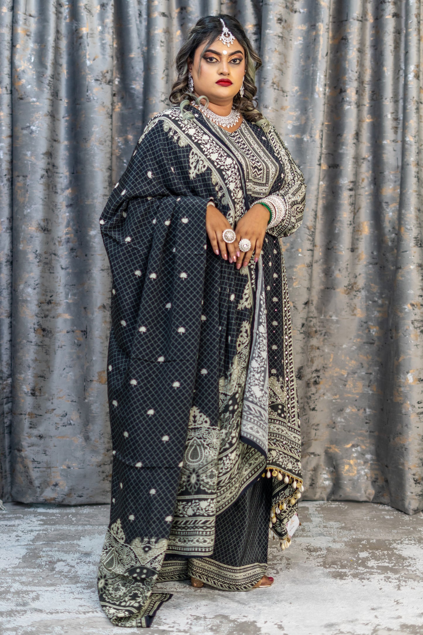 Black Printed Chinon Silk Punjabi Set