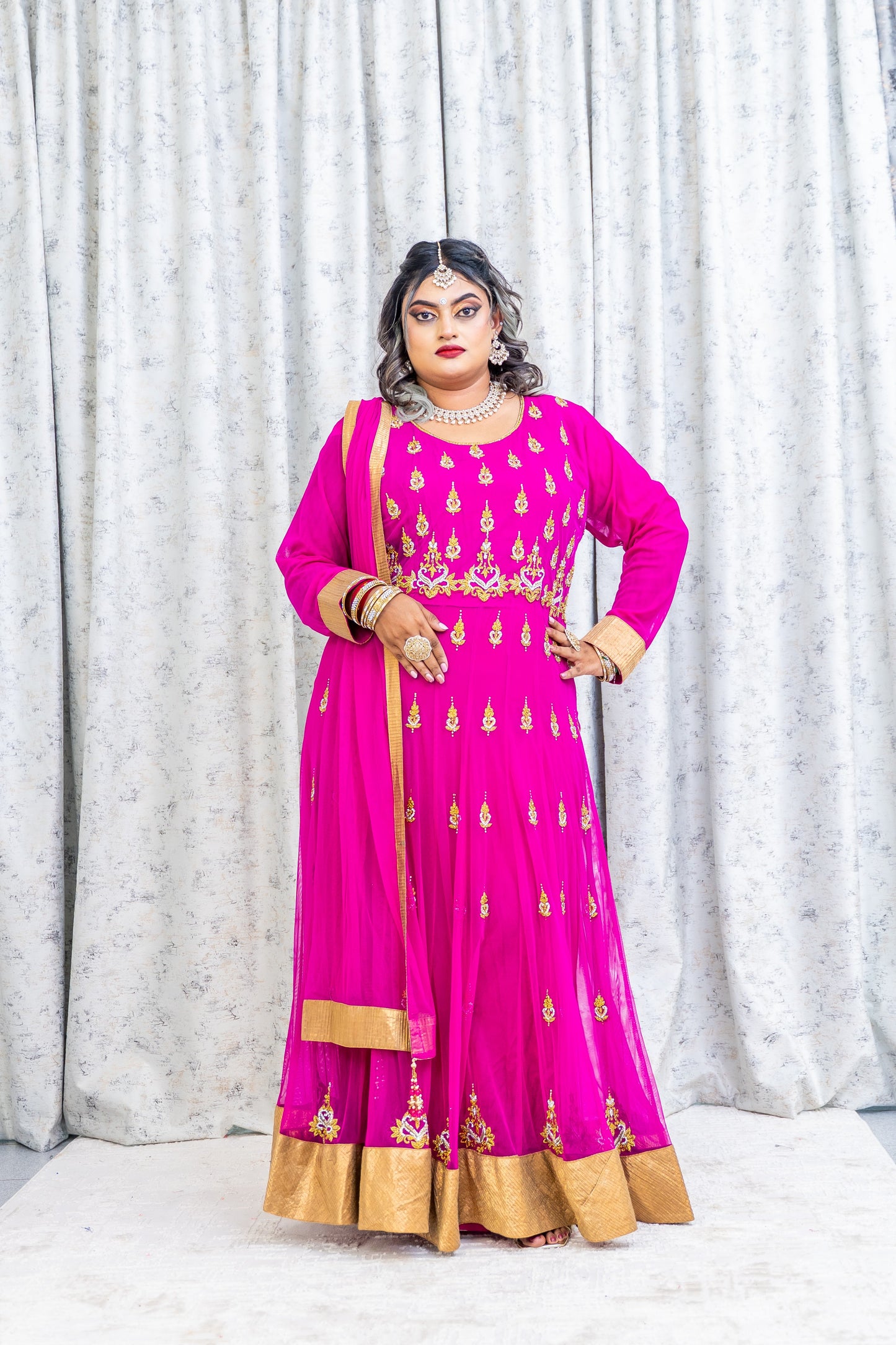 Rani Pink Net Punjabi Set with Swarovski Stone Work
