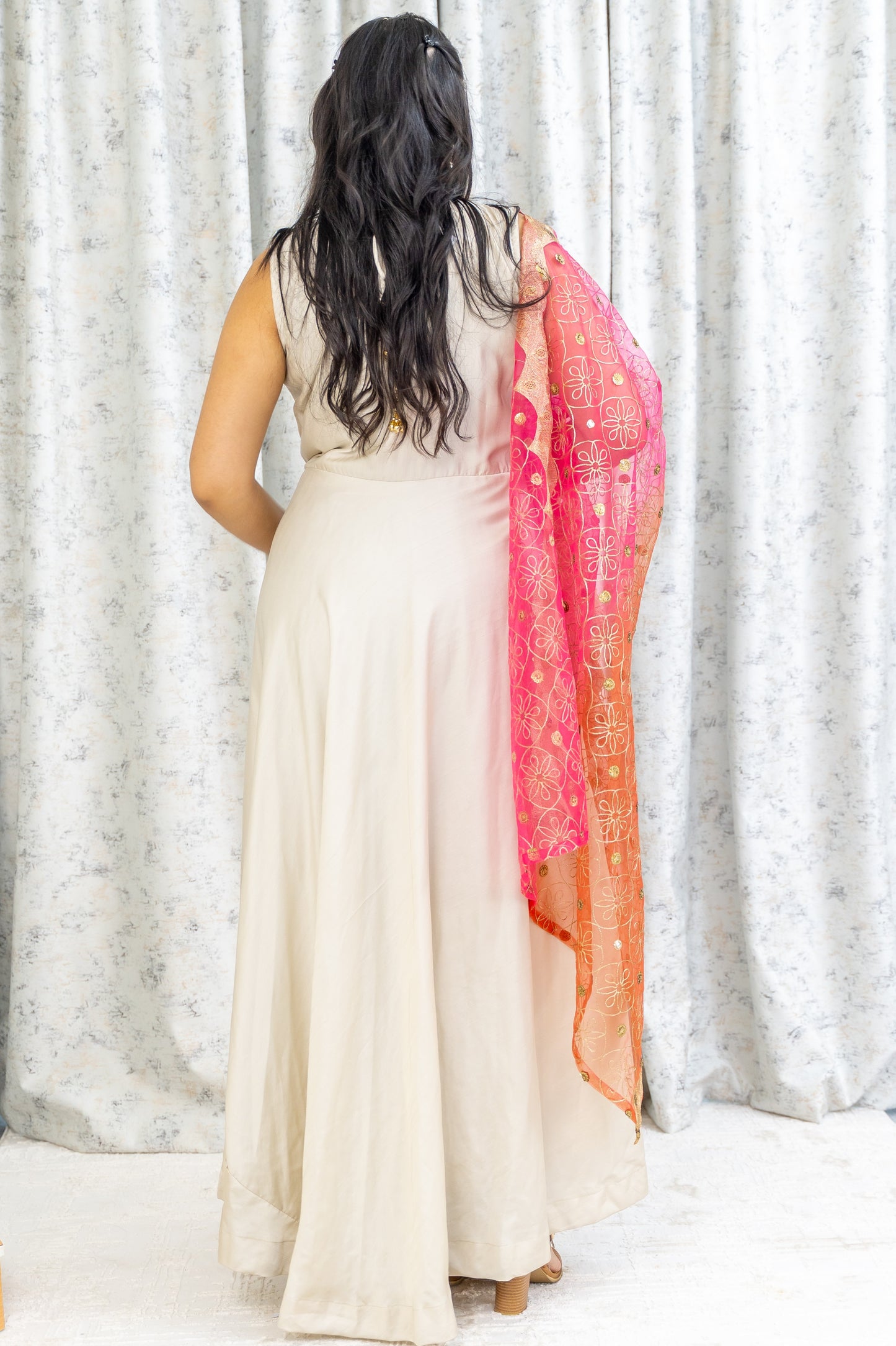 Cream Cotton Anarkali Set with Embroidery