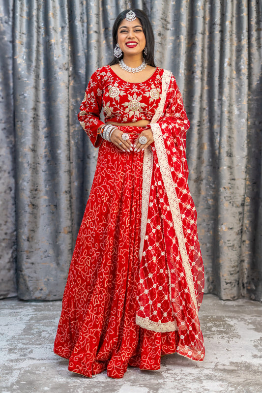Red Chiffon Bandhani Print  Lehenga Set