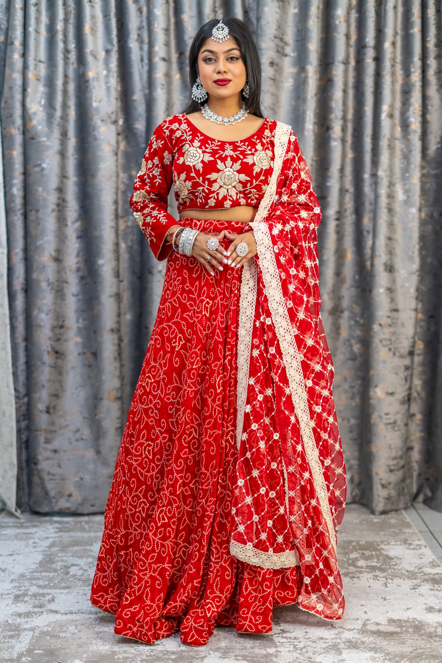 Red Chiffon Bandhani Print  Lehenga Set