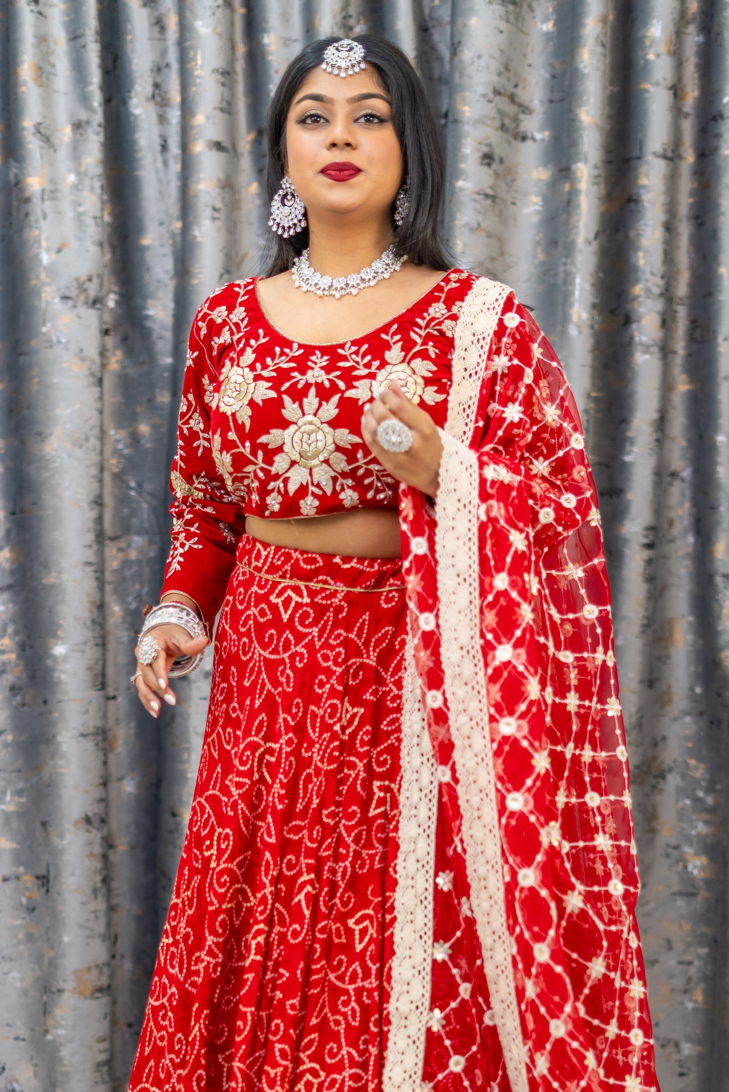 Red Chiffon Bandhani Print  Lehenga Set
