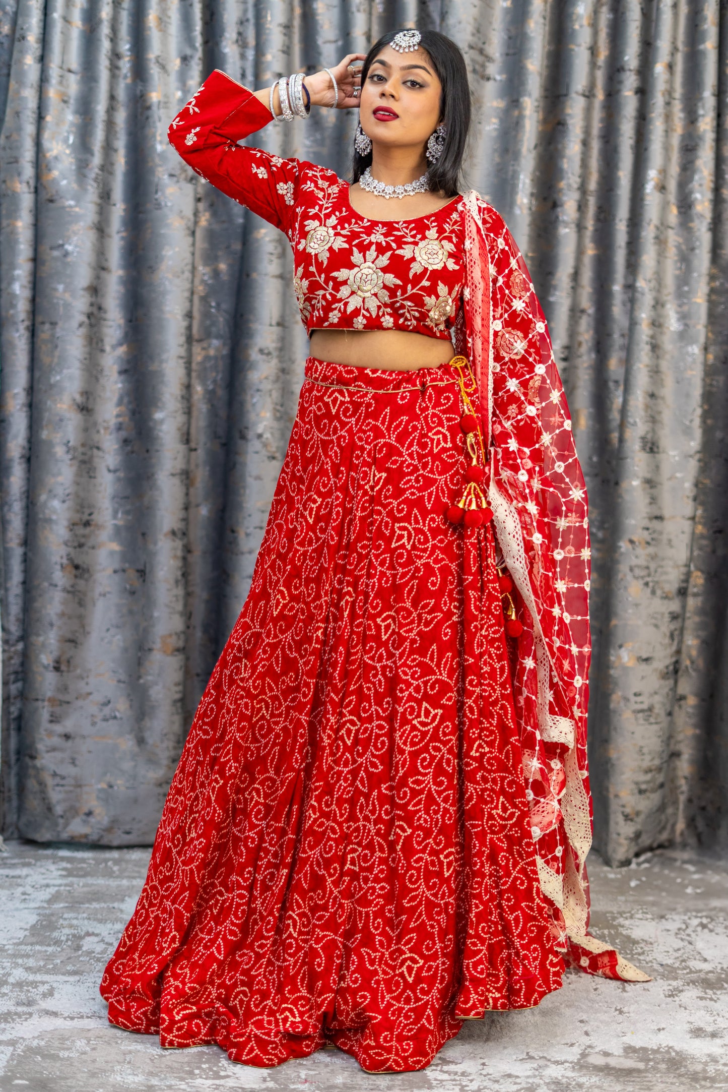 Red Chiffon Bandhani Print  Lehenga Set
