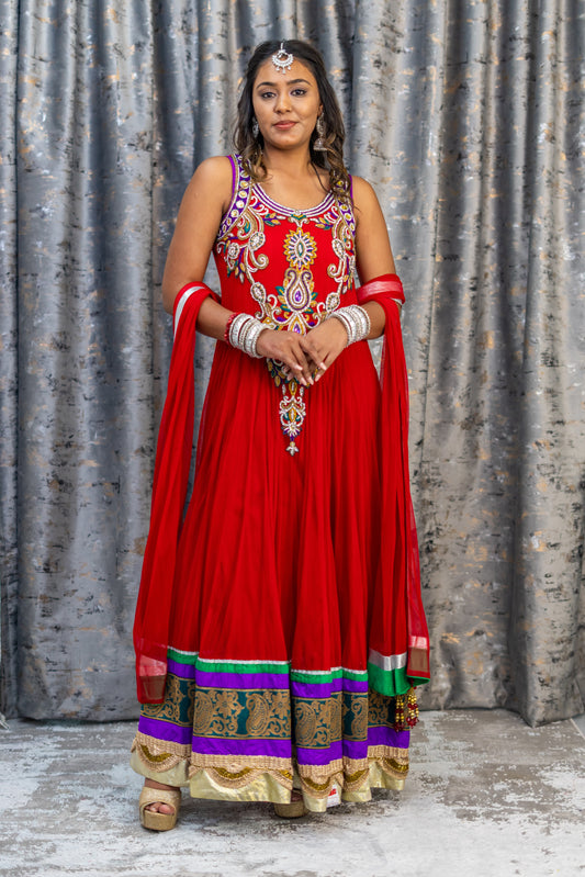 Red Net Punjabi Set with Swarovski Stone Work