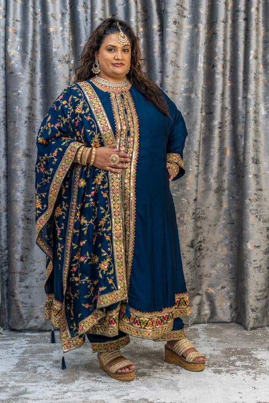 Royal Blue Cotton Punjabi Set with Embroidery
