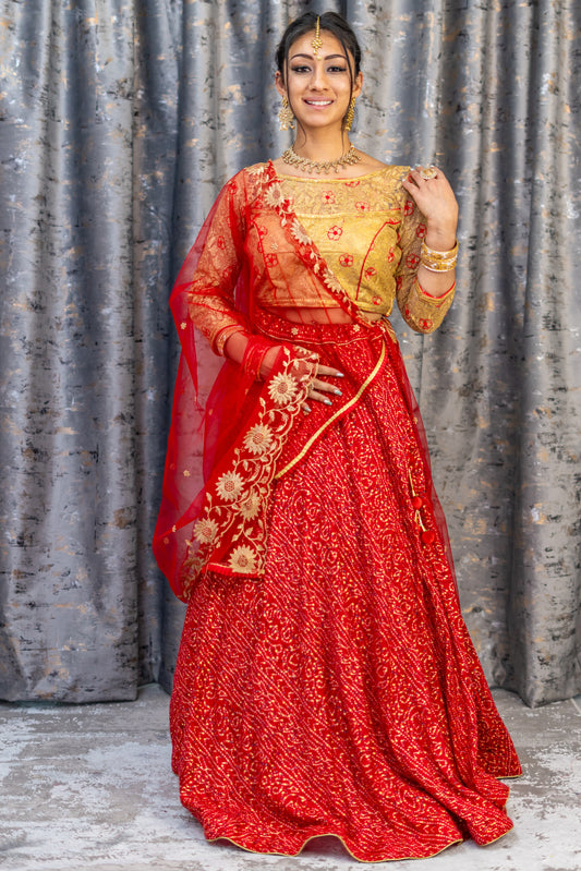 Red Chiffon Bandhani Print Lehenga Set