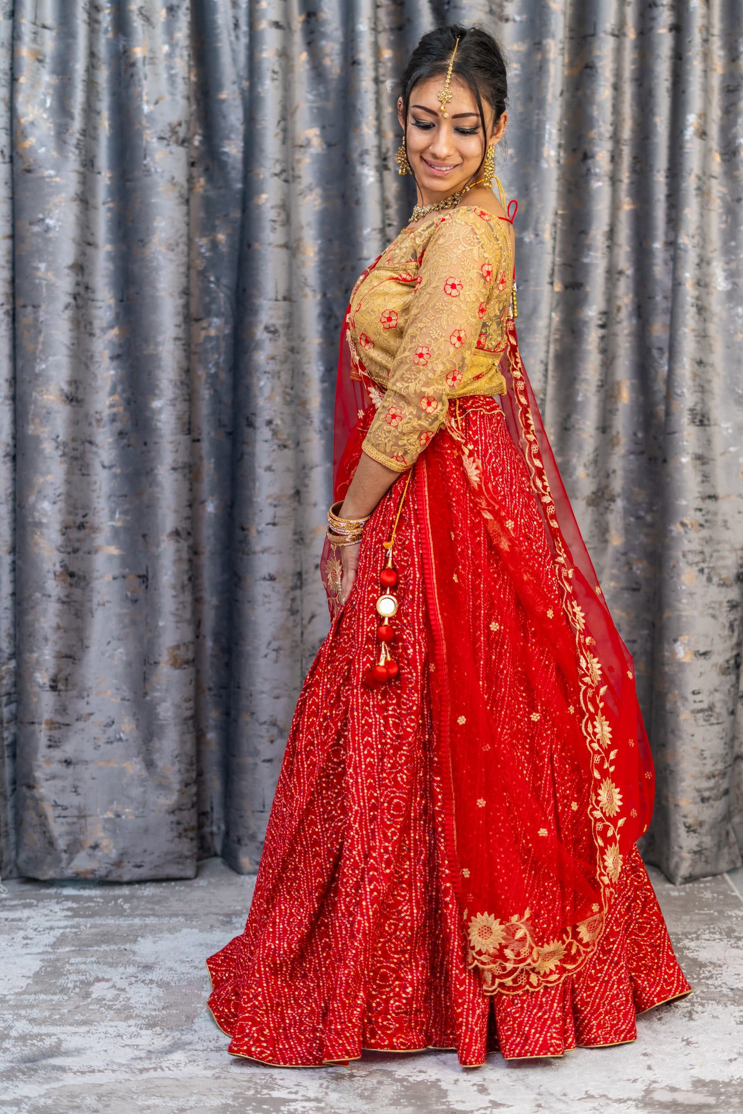 Red Chiffon Bandhani Print Lehenga Set