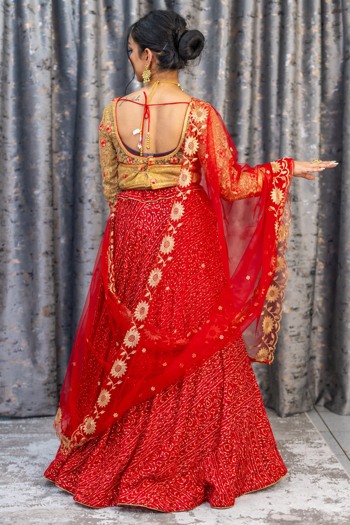 Red Chiffon Bandhani Print Lehenga Set