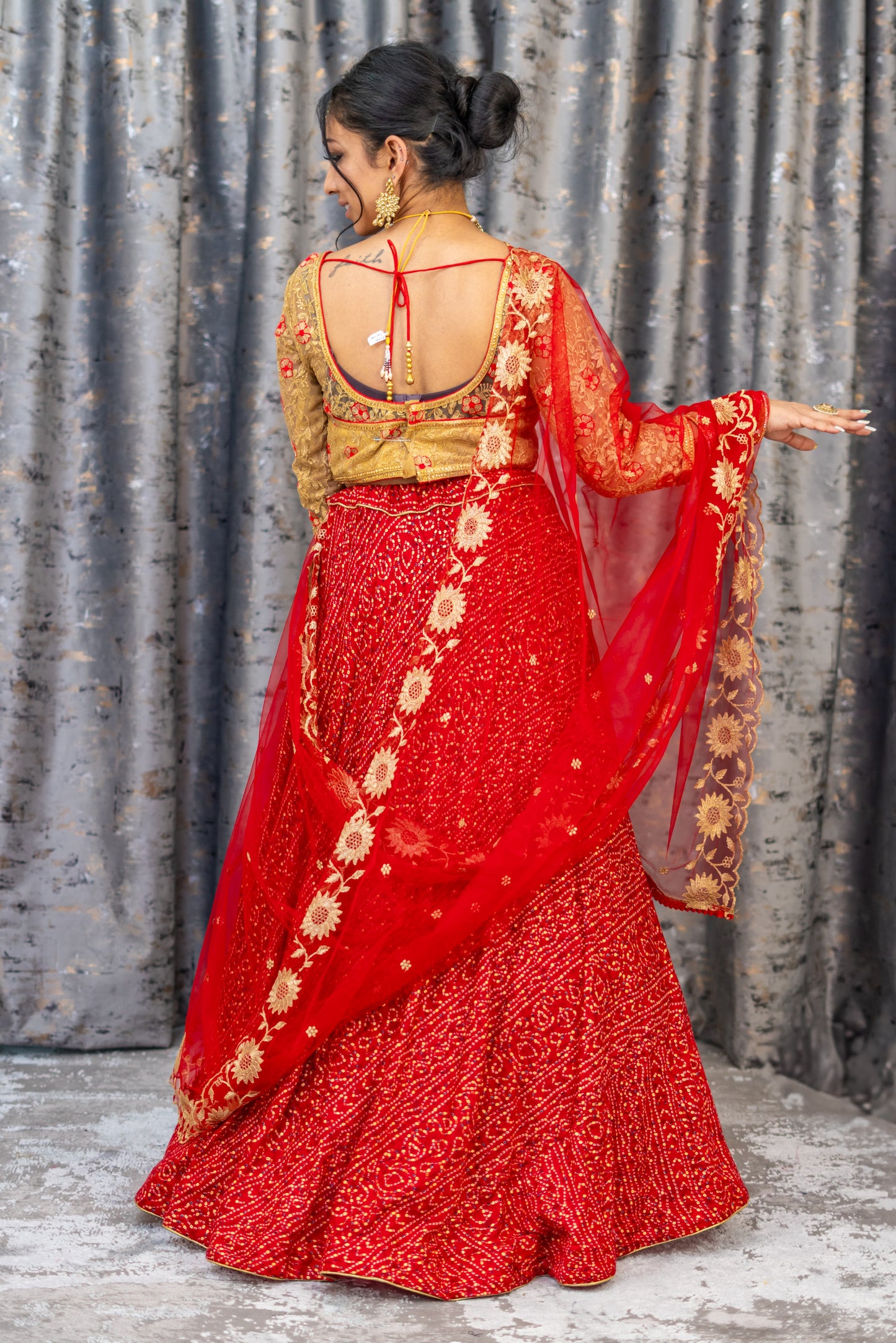 Red Chiffon Bandhani Print Lehenga Set