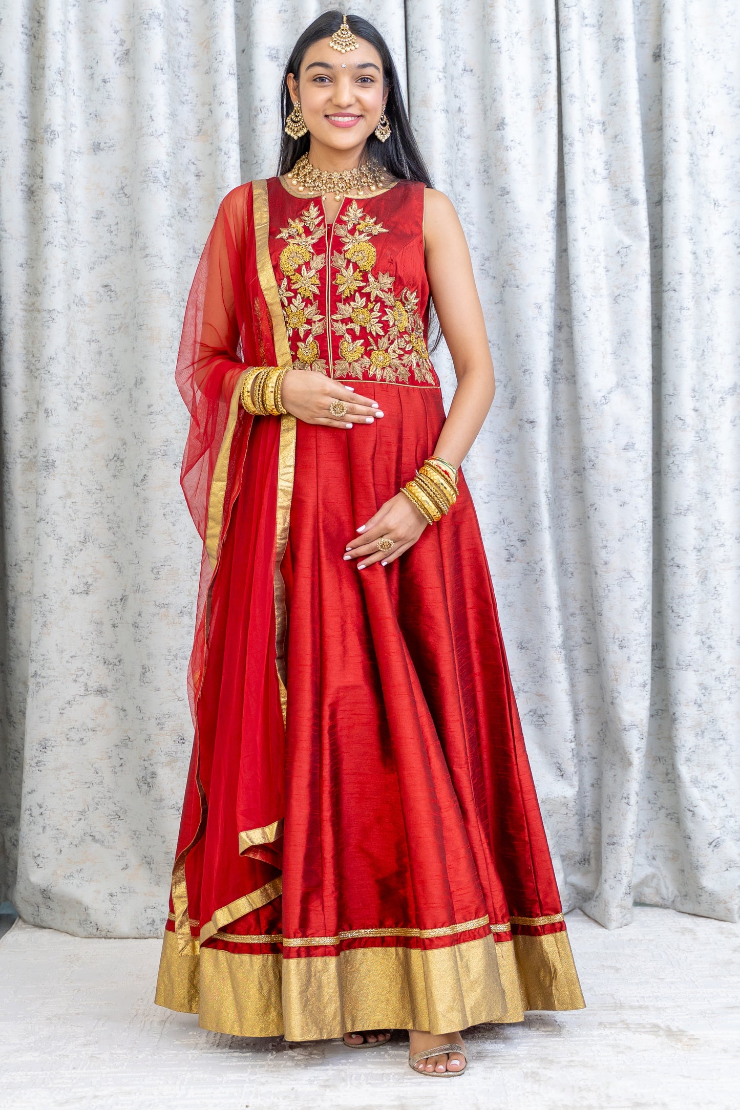 Deep Red Chinon Silk Punjabi Set with Swarovski Stone Work