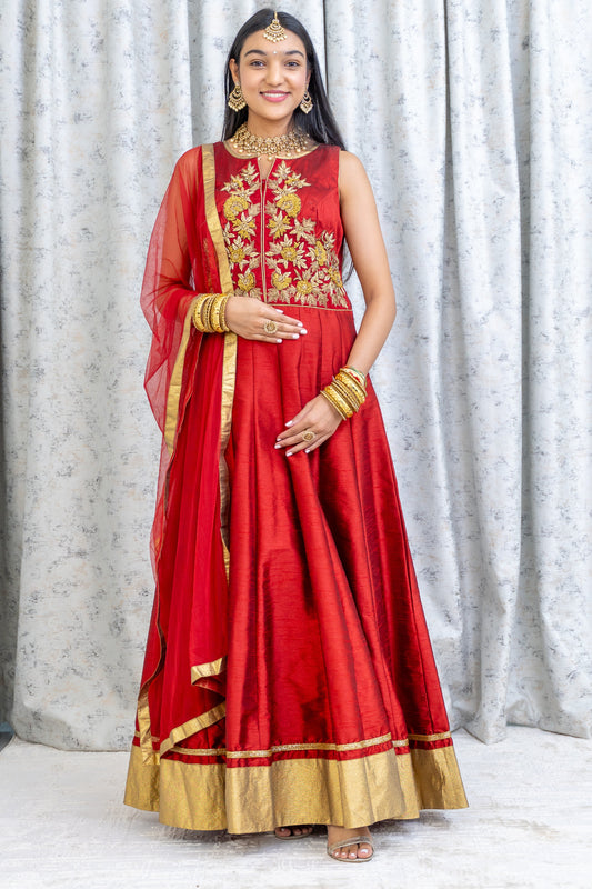 Deep Red Chinon Silk Punjabi Set with Swarovski Stone Work