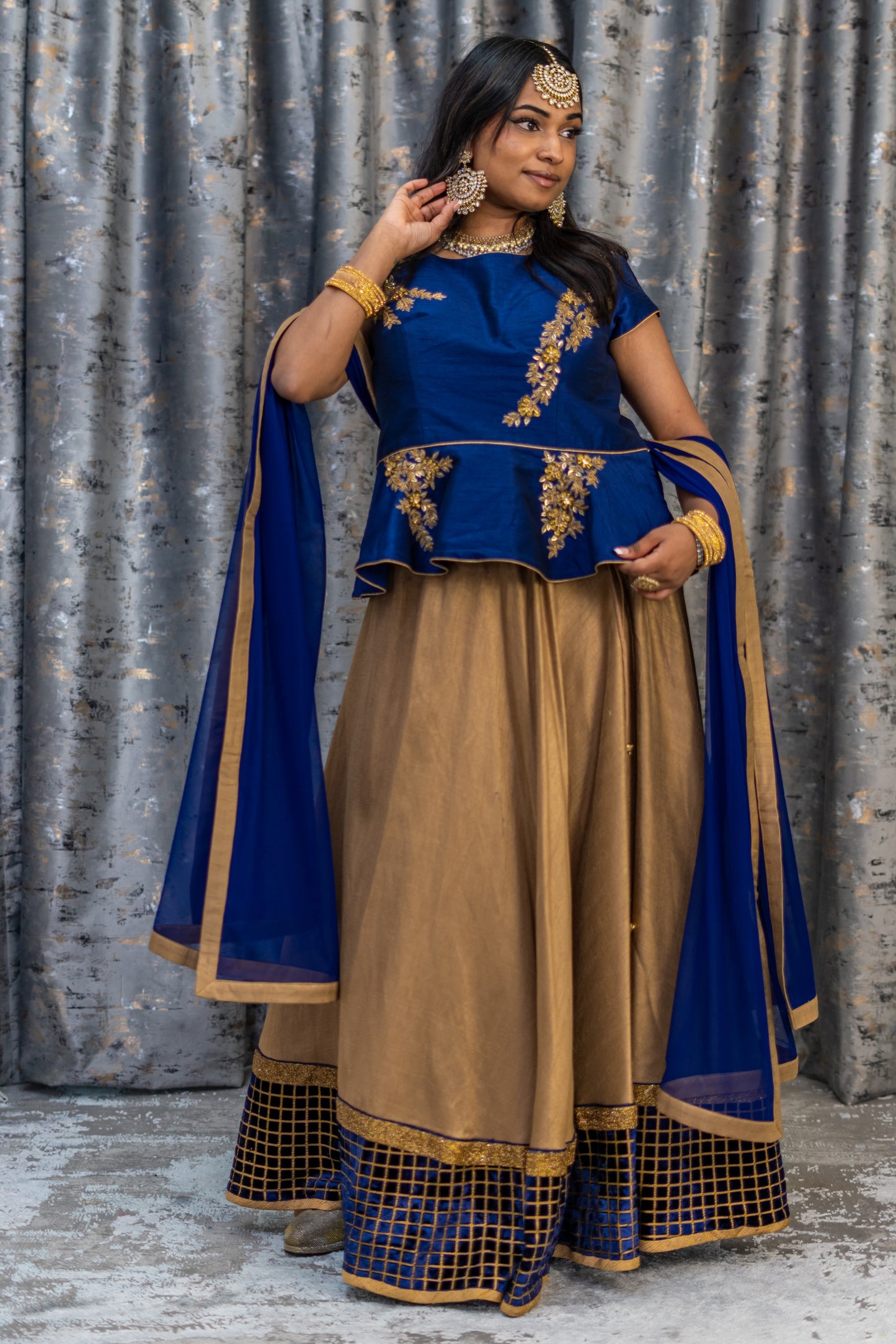 Deep Gold Raw Silk Lehenga Set with Rayal Blue Raw Silk Blouse