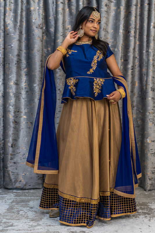 Deep Gold Raw Silk Lehenga Set with Rayal Blue Raw Silk Blouse