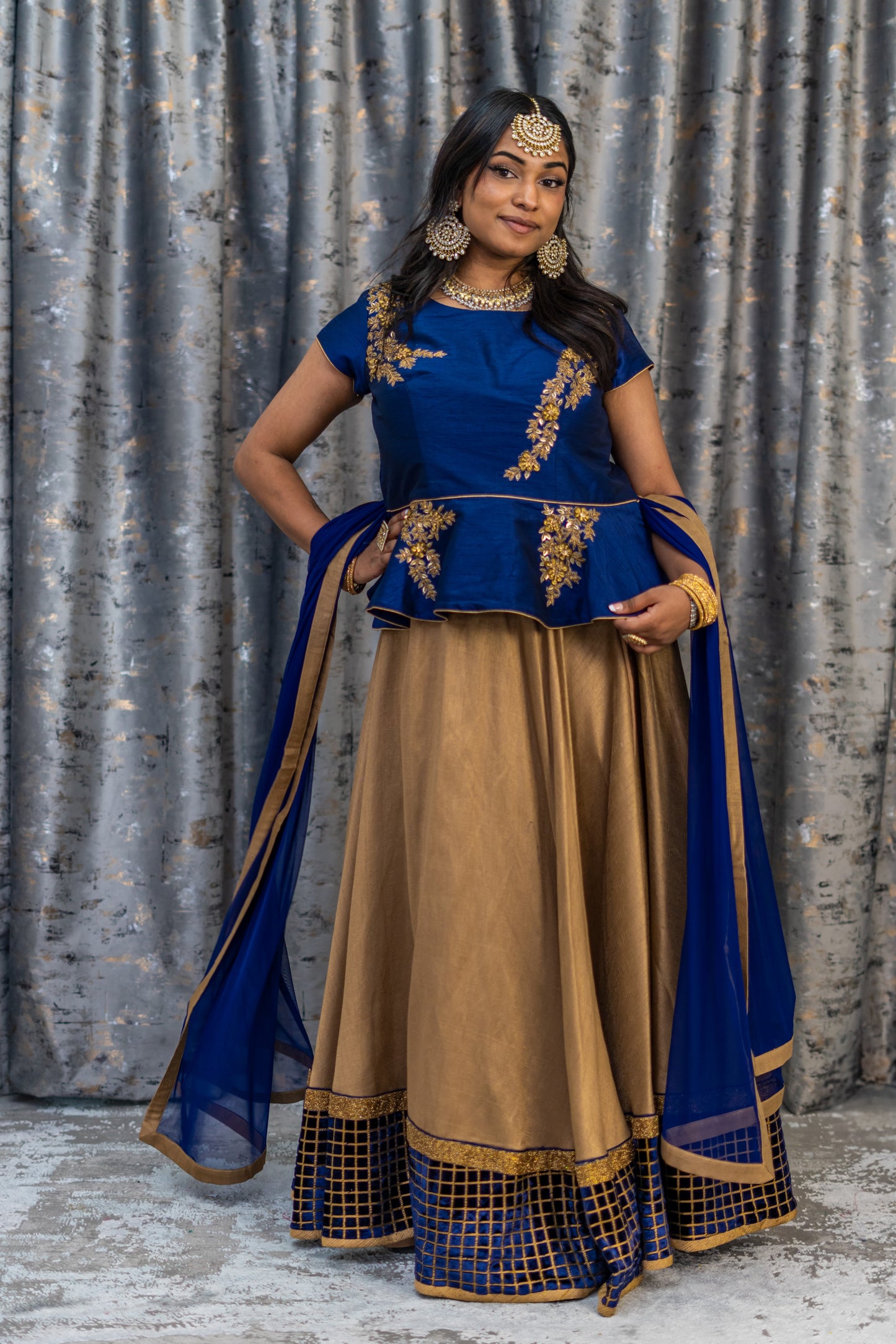 Deep Gold Raw Silk Lehenga Set with Rayal Blue Raw Silk Blouse
