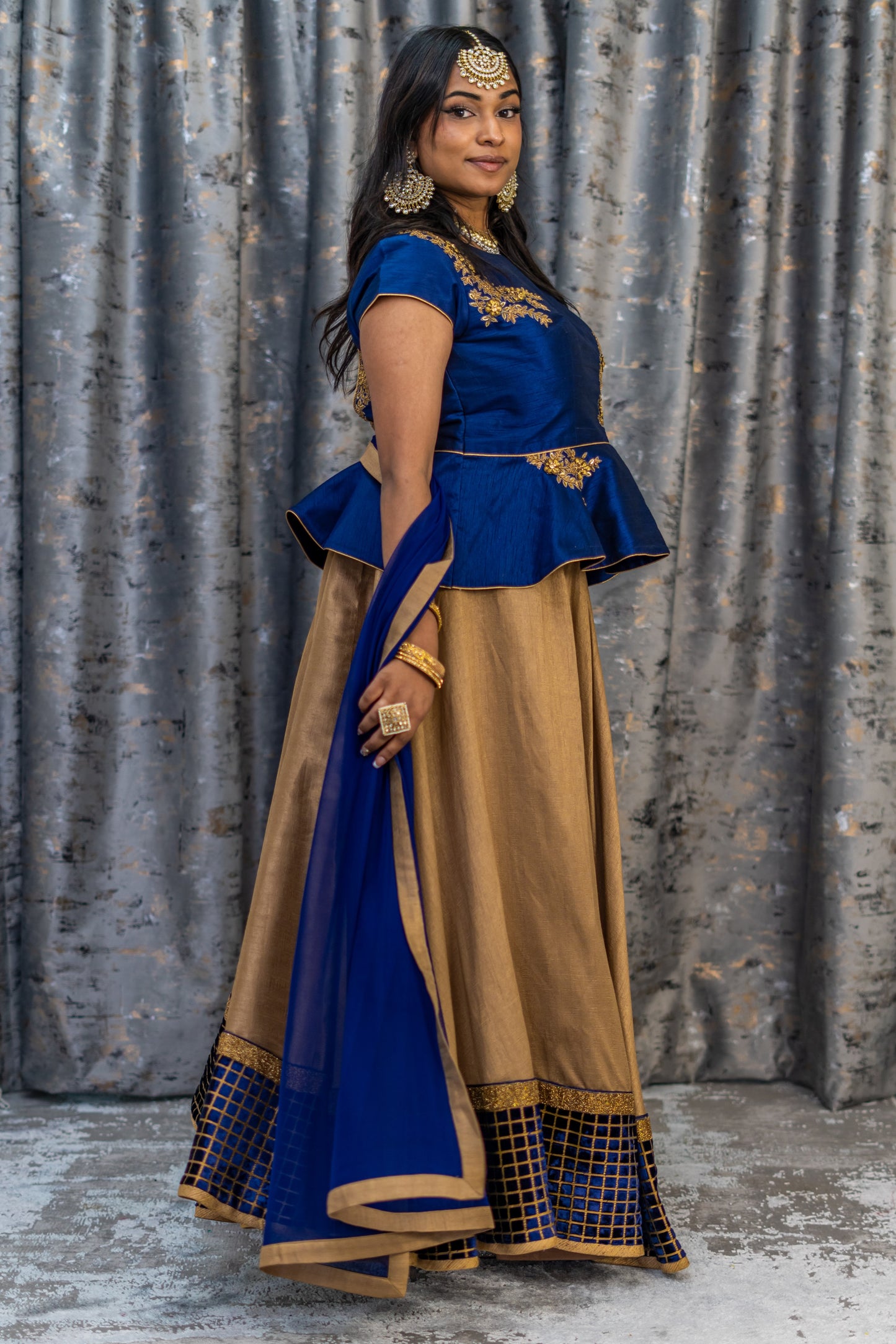 Deep Gold Raw Silk Lehenga Set with Rayal Blue Raw Silk Blouse