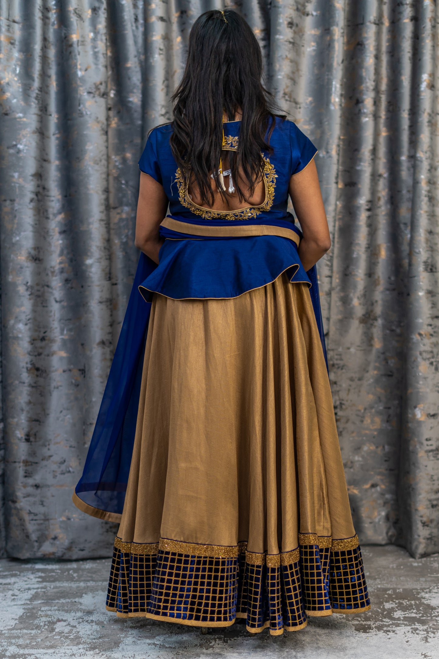 Deep Gold Raw Silk Lehenga Set with Rayal Blue Raw Silk Blouse